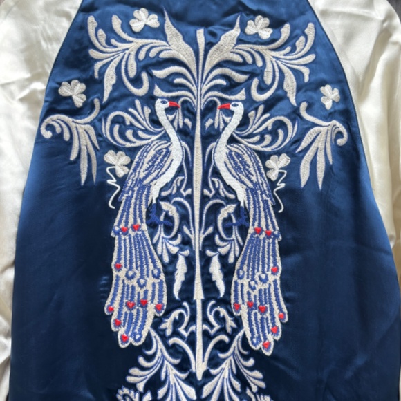 Zara Reversible Peacock Embroidered Satin Bomber Jacket Size Medium - Picture 8 of 13